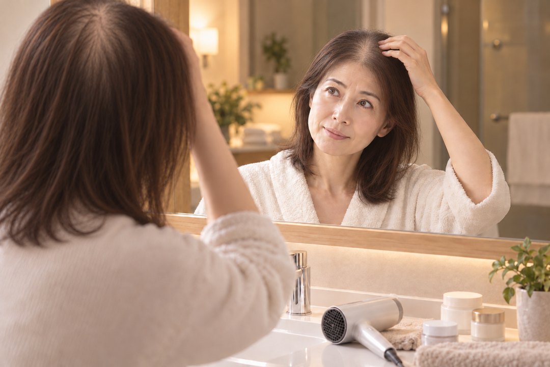 夜のスキンケアを終えて、鏡の前で頭皮にお薬をつける大人の女性