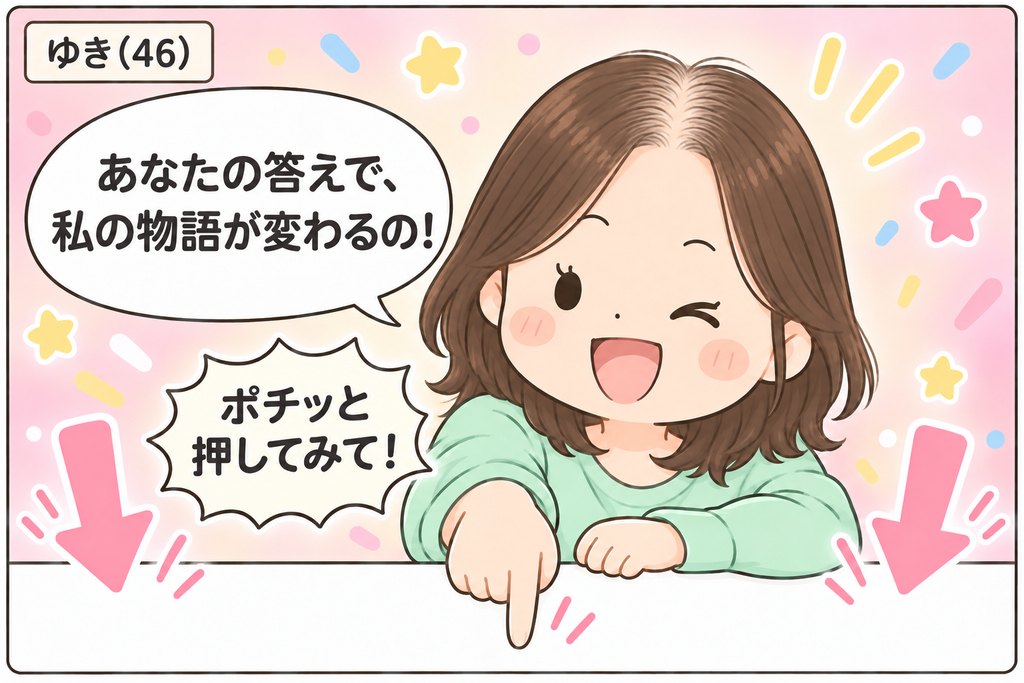 漫画。ゆき(46)が画面の下からのぞきこみ、ウインクしながら真下の答えを指さしている。「あなたの答えで、私の物語が変わるの！」「ポチッと押してみて！」