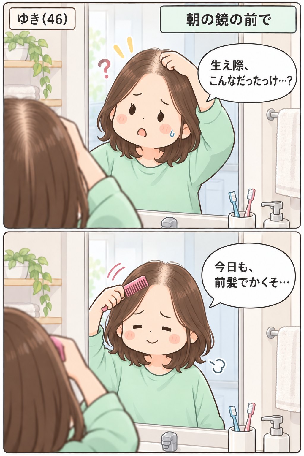 漫画。ゆき(46)。朝の鏡の前で。前髪を上げて「生え際、こんなだったっけ…？」と驚くゆきと、くしで前髪を下ろして「今日も、前髪でかくそ…」と苦笑いするゆき