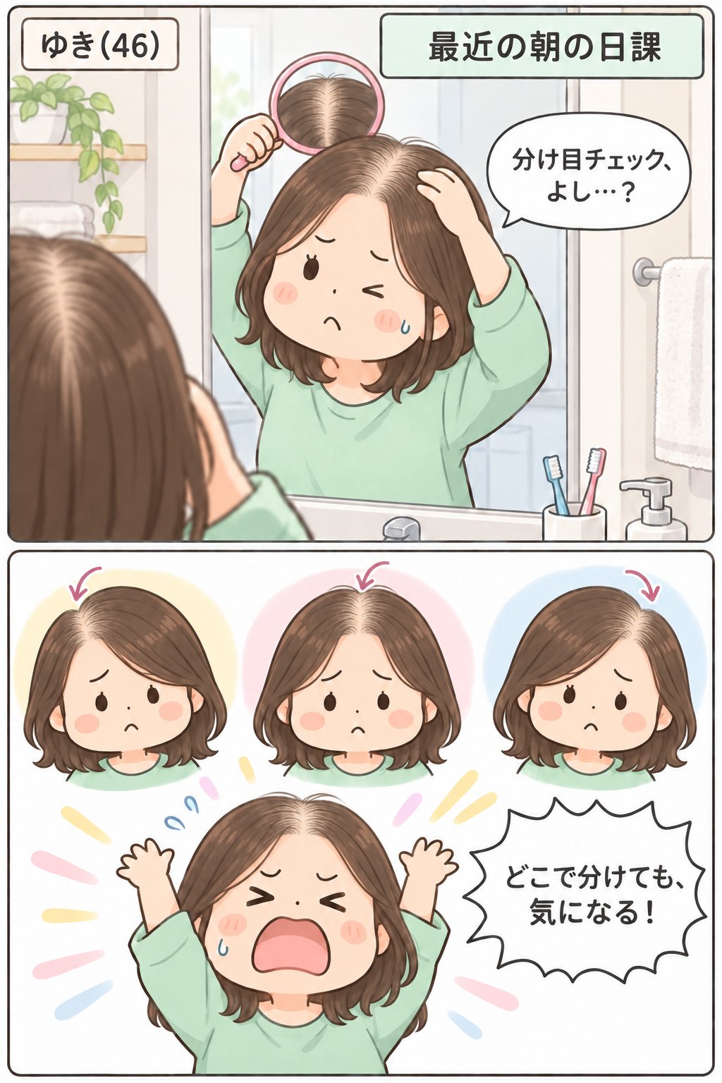 漫画。ゆき(46)の朝の日課は分け目チェック。手鏡で頭のうしろを確かめ、右・左・まんなかと分け目を変えてみる。「分け目チェック、よし…？」「どこで分けても、気になる！」