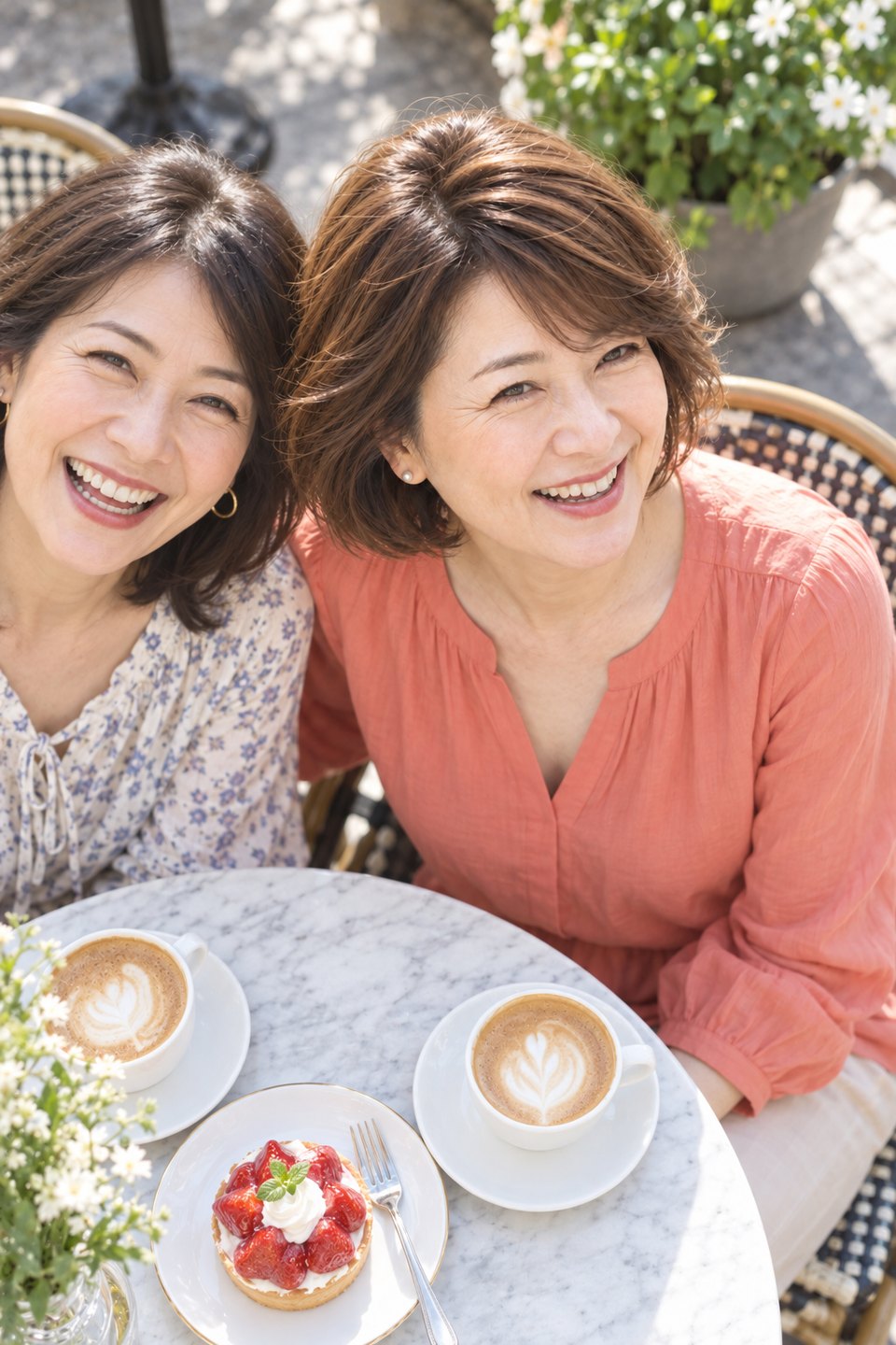 カフェで友人と、上から撮られる写真に笑う女性