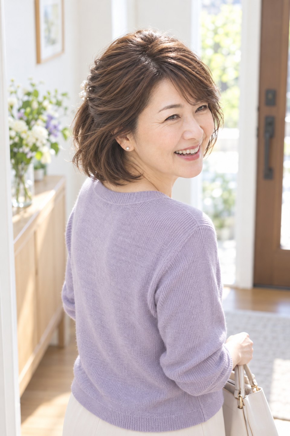 出かける前、ハーフアップに留めて振り返って笑う女性