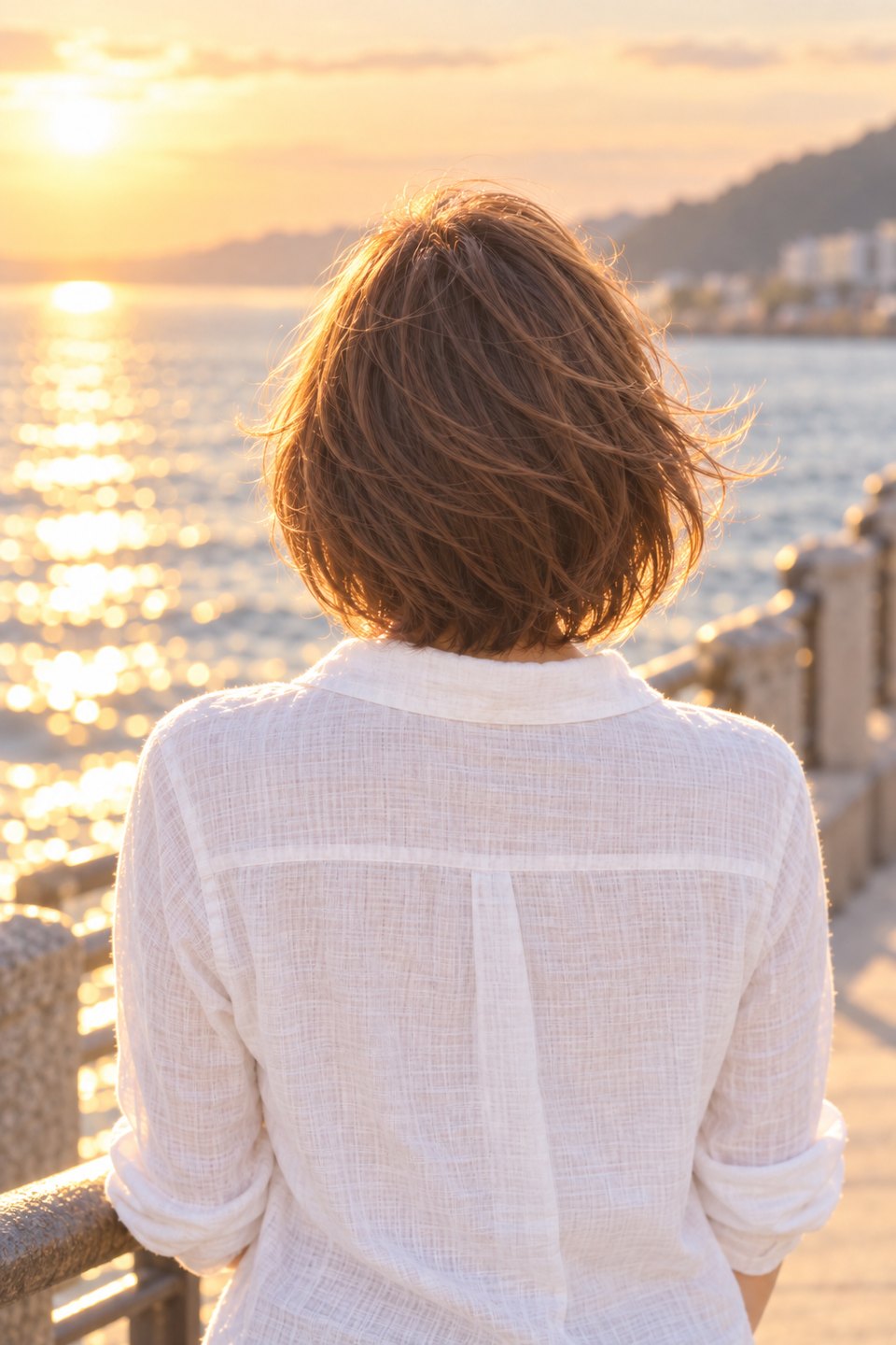 夕暮れの海辺で、髪をなびかせて振り返り笑う女性